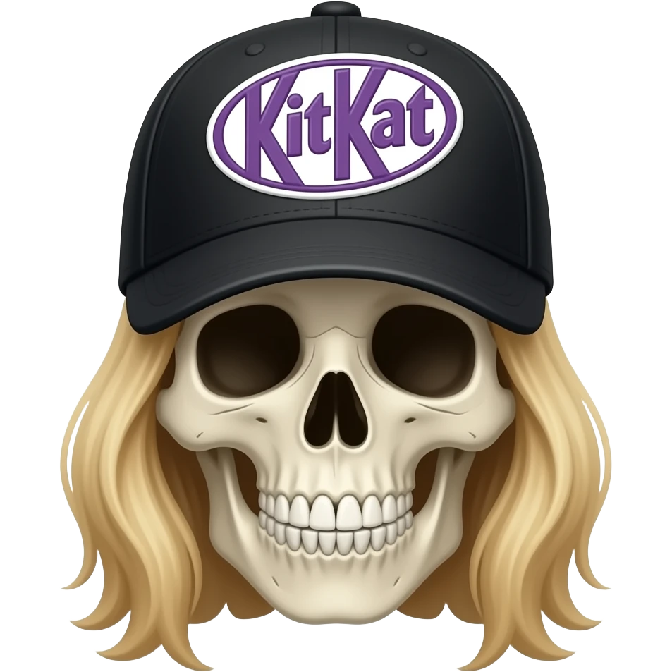 A skeleton head wearing a black baseball cap that says "KitKat" in purple lettering, white bordering, with long blonde hair emoji