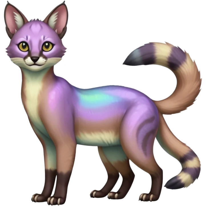 iridescent pastel glorious divine exotic cute cool beautiful shiny beautiful fantasy-caracal-civet-genet-sergal-vernid-Cacomistle-oncilla-animal-Fakémon-hybrid-fursona (full body) emoji