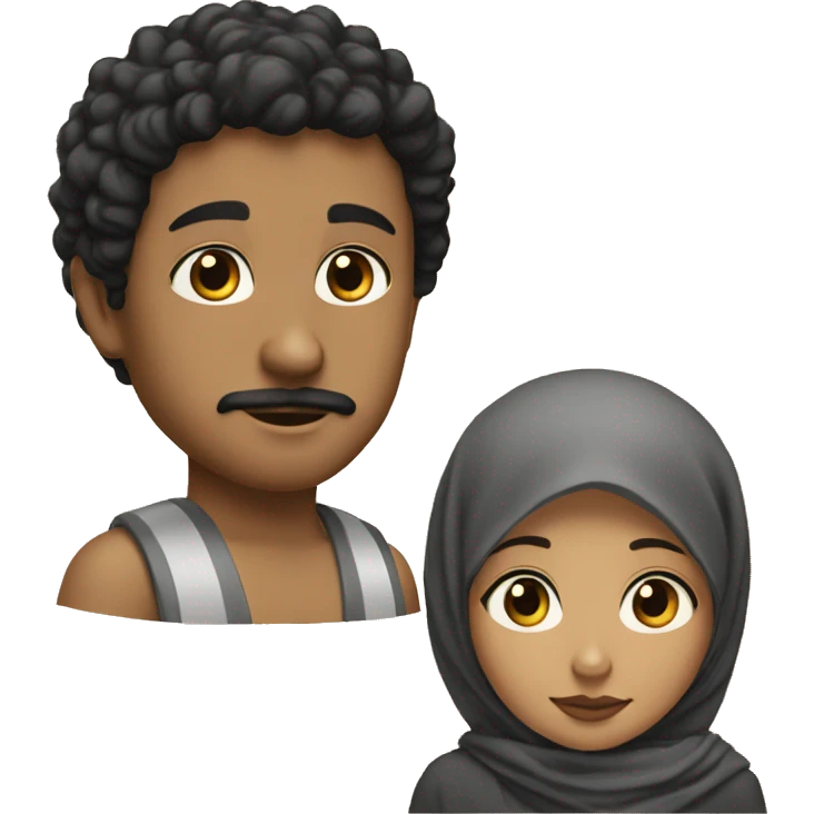 the brown boy has black short curly hair, goatee and moustache, black eyes. The girl has hijab  emoji