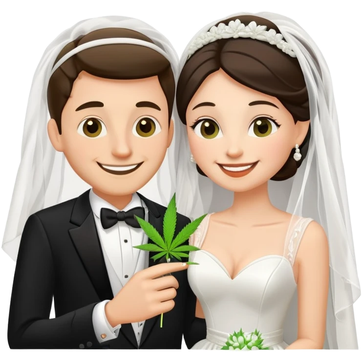 Bride in white dress and groom in tuxedo sharing a cannabis joint, cheerful cartoon wedding couple emoji