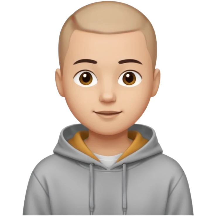 Light skin tone
Buzz cut (very short hair)
Thick, straight eyebrows
Big round brown eyes
Small closed-mouth smile
Wearing a grey hoodie over a white T-shirt emoji