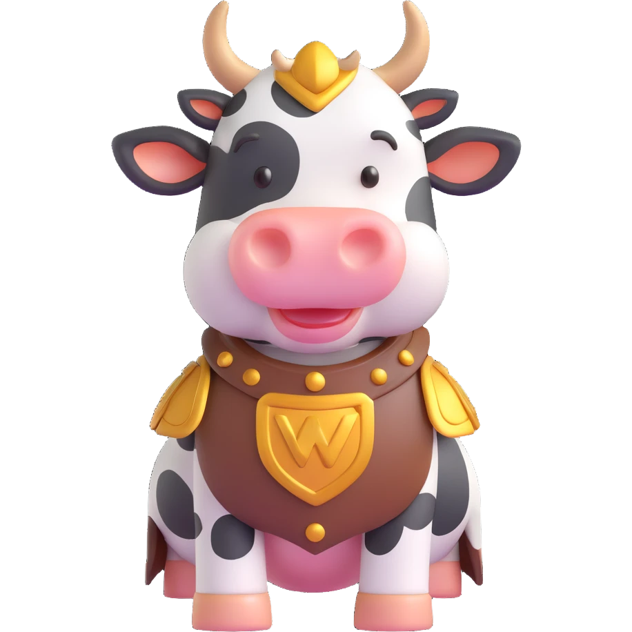 cow character inspired by World of Warcraft, in fantasy armor, stylized as a 3D emoji emoji