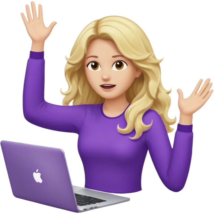 lady with long blonde wavy hair, purple top throwing her with a laptop hands in the air saying why emoji