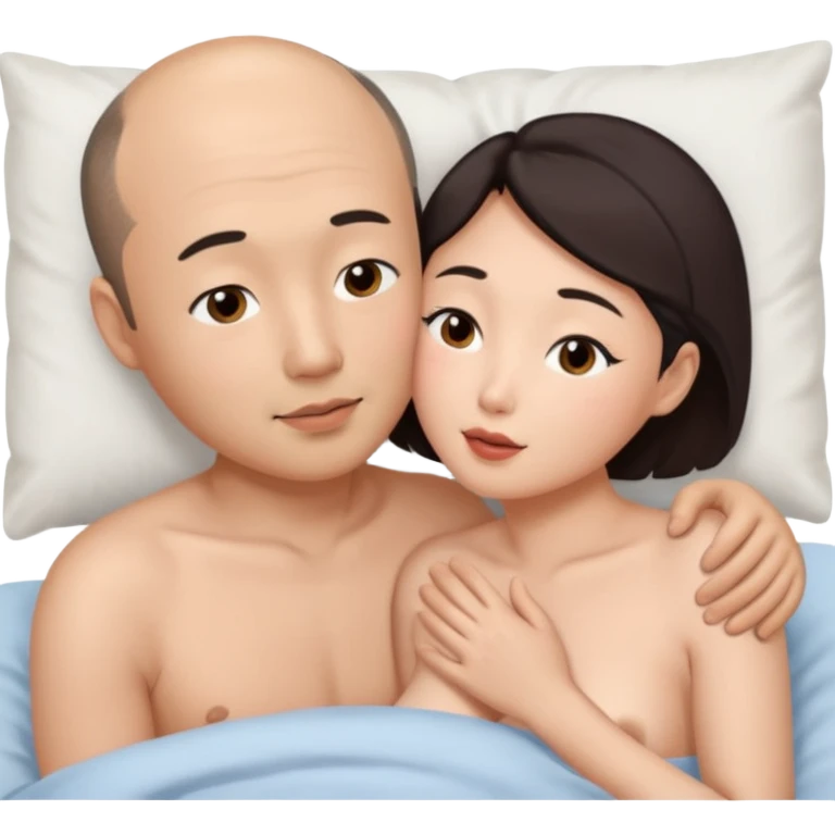 slightly balding asian man and asian woman naked in bed french kissing emoji