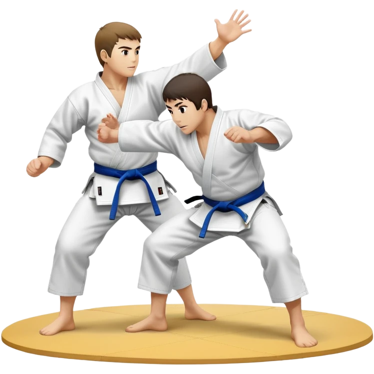 Two judo practitioners in traditional gi, one executing a powerful throw while the other is countering with a defensive move. The background features a judo mat and a focused dojo atmosphere. Transparent background highlights the precision and technique of judo. emoji