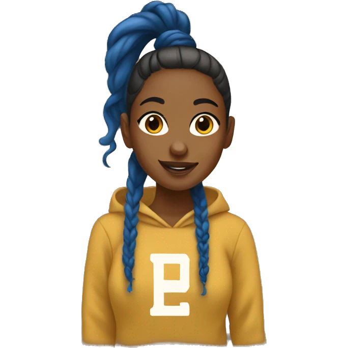 College sweatshirt in gold and blue on a brown girl with a ponytail emoji