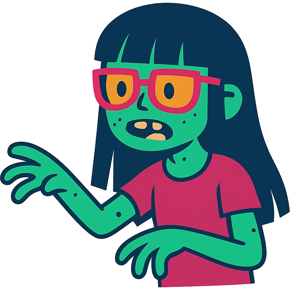 zombie girl with long black hair, bangs, and glasses, colorful cartoon style emoji