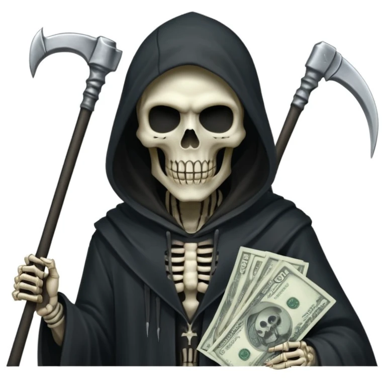 terrifying Grim Reaper with half-skeleton half-zombie face (no slime), holding a single scythe in left hand, subtle 100 dollar bills integrated in hood or around character, white background, dark and ominous atmosphere, profile picture emoji