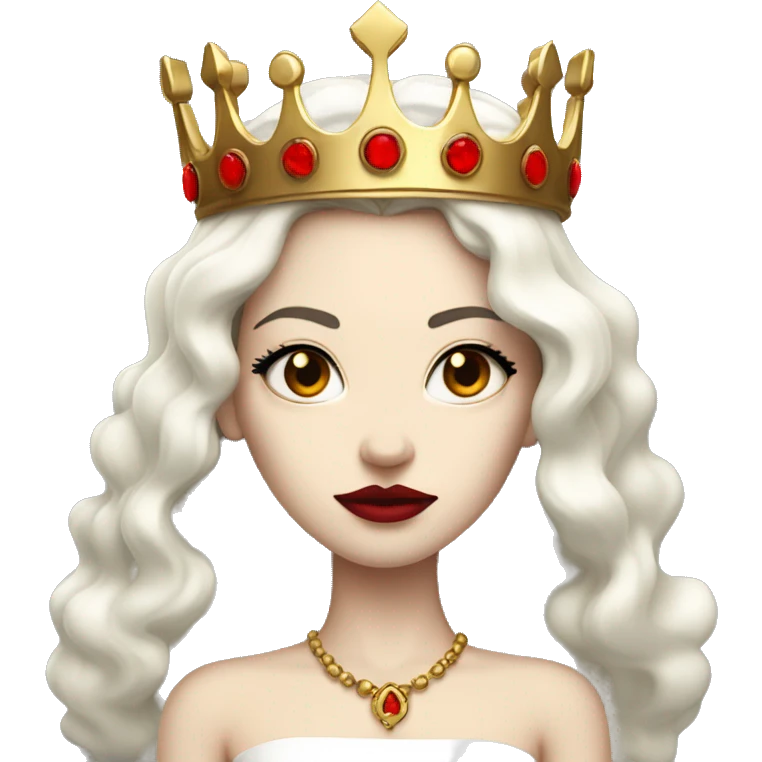 Queen with pale skin, long black hair, bright red lips, skinny gold crown, white dress, and evil stare.  emoji