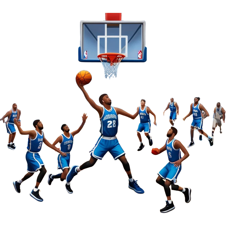An icon showing a basketball court with players in action, inspired by NBA 2K25. A player jumps for a dunk, the ball mid-air, with the court’s floor and surrounding basketball arena visible. Bright lights highlight the excitement of the game. Transparent background. emoji