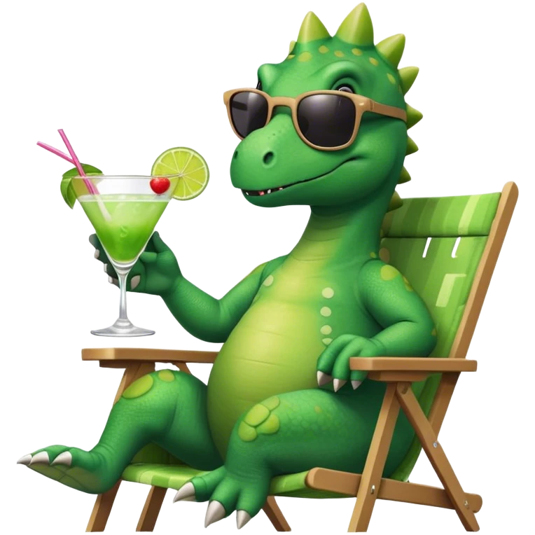 cute green dinosaur with sunglasses that he's raising, with an inquisitive eyebrow raise, facing forward, in a lawn chair, holding a cocktail emoji