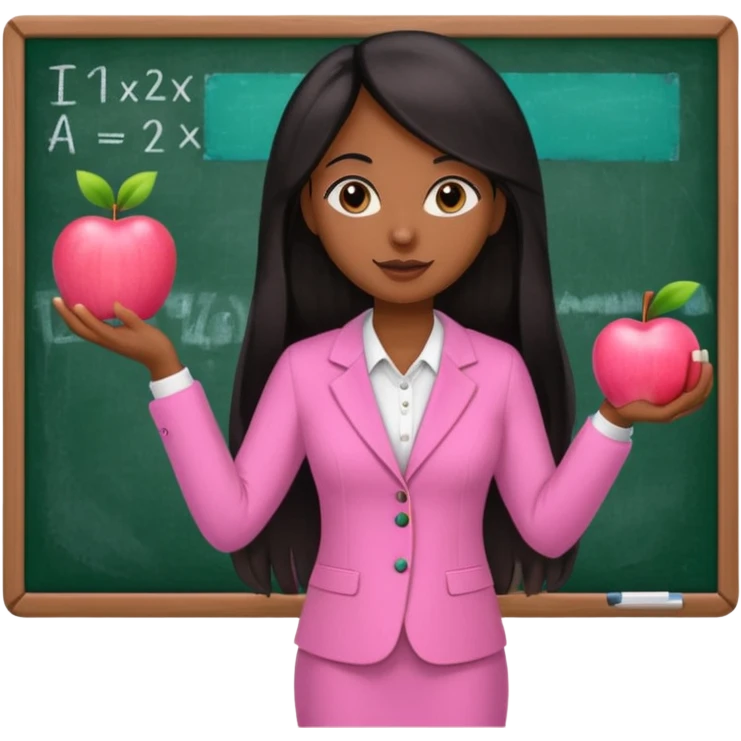 a brown skin teacher with hair with black straight long hair wearing pink not hot pink 2 piece set teaching up on a board the board nothing on the board but a pink apple emoji