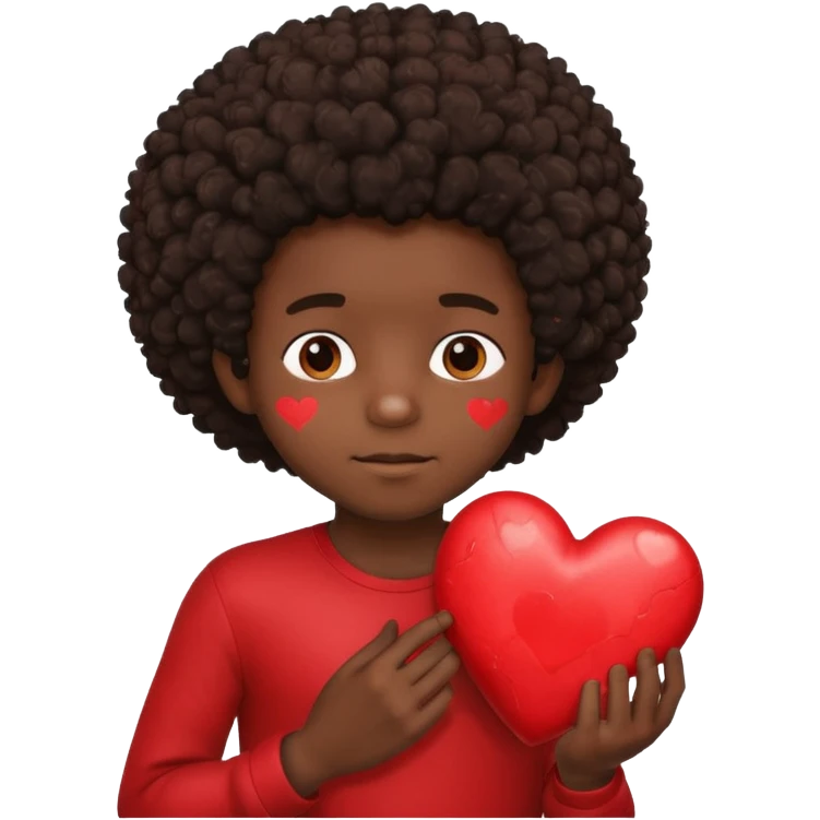 I want a black boy with chocolate skin and a small messy afro holding a heart close to his chest as if to present it to someone he loves. emoji