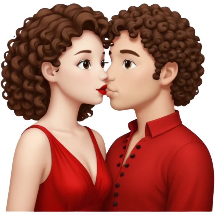 A couple kissing, the man would be white-skinned, curly, brown-hair. The serious woman with white skin, brown color emoji
