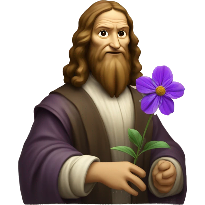 leonardo da Vinci holds a purple flower in his hands emoji