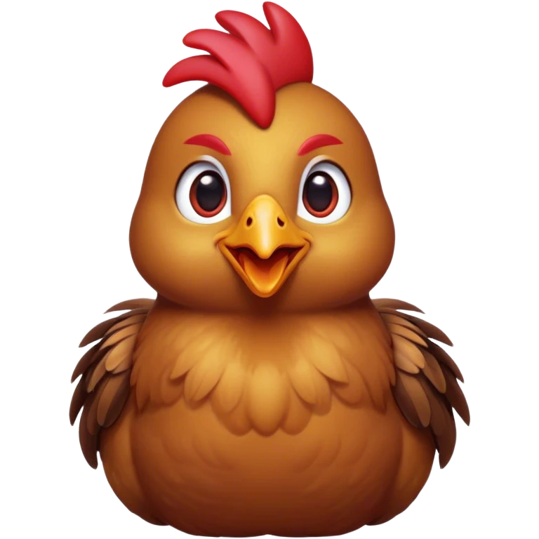 Cinematic Cute Brown Chicken Portrait Emoji, Head tilted playfully and inquisitively, featuring a lustrous brown feathered coat with a natural sheen and a subtle red comb, round, sparkling beady eyes filled with curiosity, Simplified yet irresistibly adorable features, highly detailed, glowing with a warm, friendly glow, high shine, affectionate and lively, stylized with a touch of country charm, bright and endearing, soft glowing outline, capturing the essence of a mischievous yet loving chicken, so playful it feels like it could peck out of the screen and into your arms! emoji