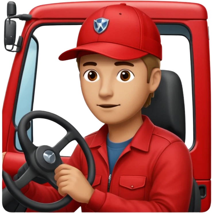 Мужчина в красном шапке на красном фуре вольво водитель тягача emoji