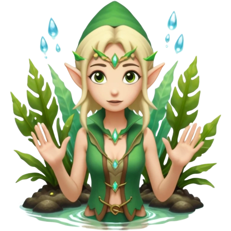 elf female legolas wading in shallow tide pool, palm emitting soft green light to heal glowing coral, practical open vest over bare chest, determined gaze, pointy ears, vibrant underwater plants, centered emoji, nature guardian summer emoji