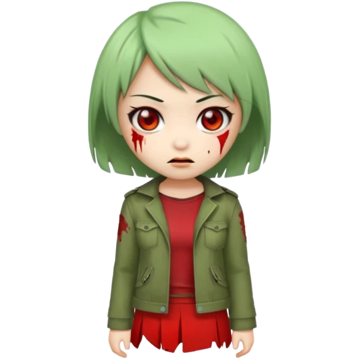 chibi Asian zombie girl emoji, short Ada Wong bob haircut, green skin, red pupils, shy smile emoji