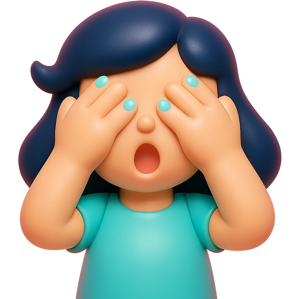 Woman with dark blue hair and blue fingernails with hands over her eyes in shock emoji