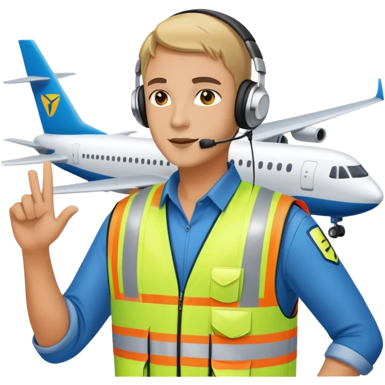ramp agent at airport wearing reflective vest and headphones, directing aircraft emoji