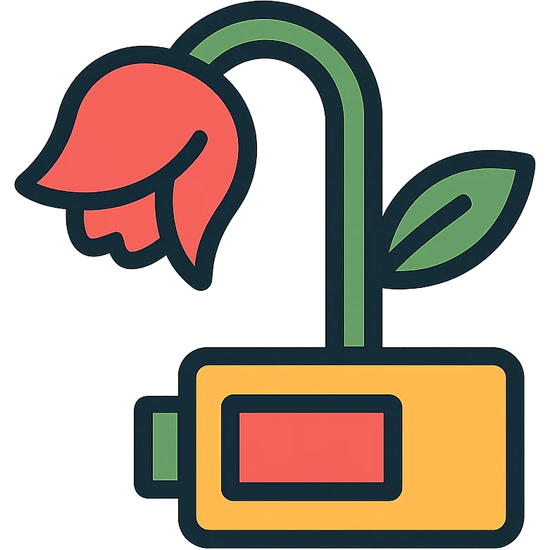 Combined icon of a wilted rose flower with a low battery symbol incorporated into the stem emoji