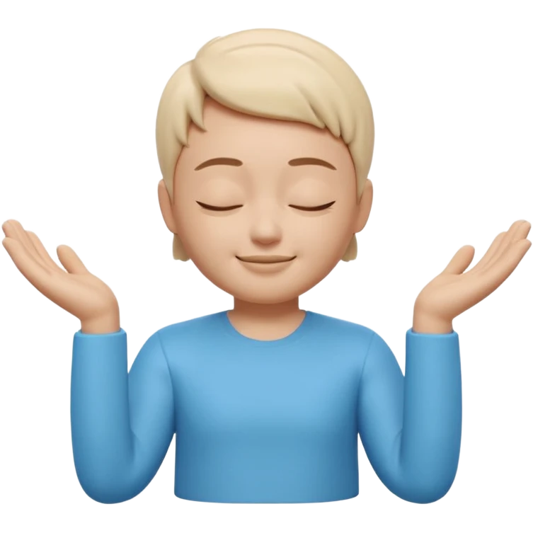 Apple Memoji style 3D character, male/female, eyes closed with a peaceful serene smile, hands making a 'zen' or 'relax' gesture, soft studio lighting, high resolution, 4k, octane render, clean 3D clay texture, vibrant colors, isolated on a plain white background." emoji