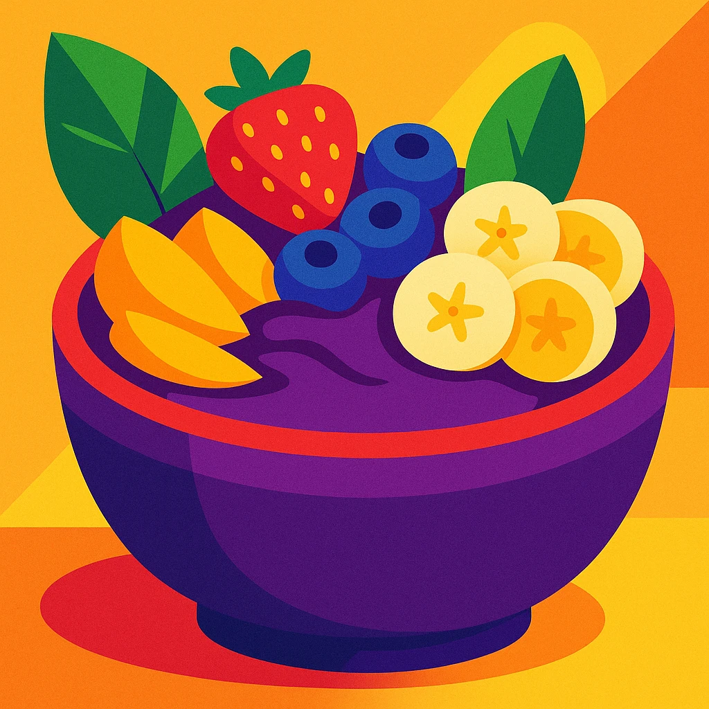 Mighty Purple acai bowl, vibrant, healthy, with fruit toppings, stylized illustration emoji