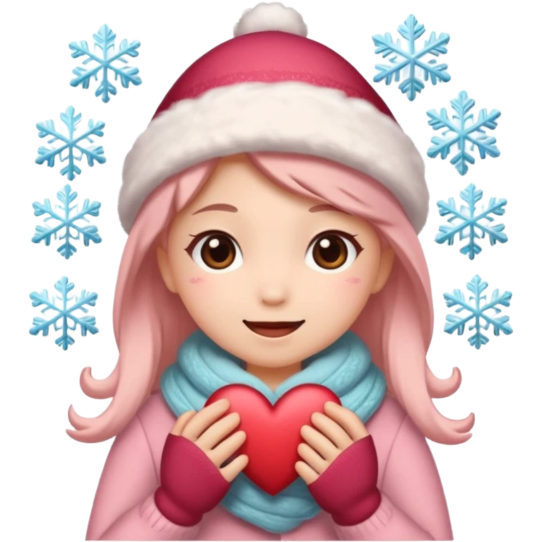 A kawaii Christmas emoji sticker, cozy winter vibes, soft colors, snowflakes, heart symbols, warm smile, cute and gentle style, festive and romantic.
 emoji