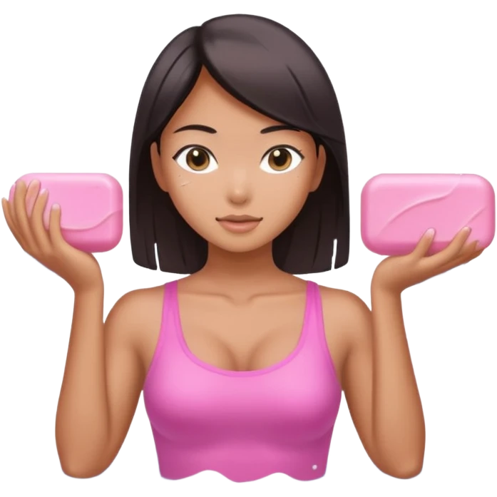 sexy and muscled tanned asian girl, washing room with pink soap emoji
