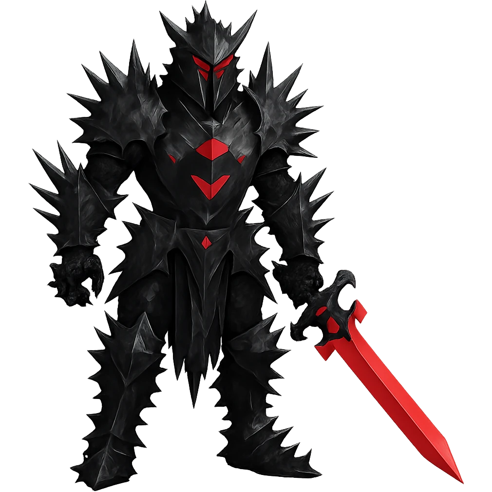 Make the knight's black armour spikey, keep glowing red eyes, imposing stance, no background. emoji