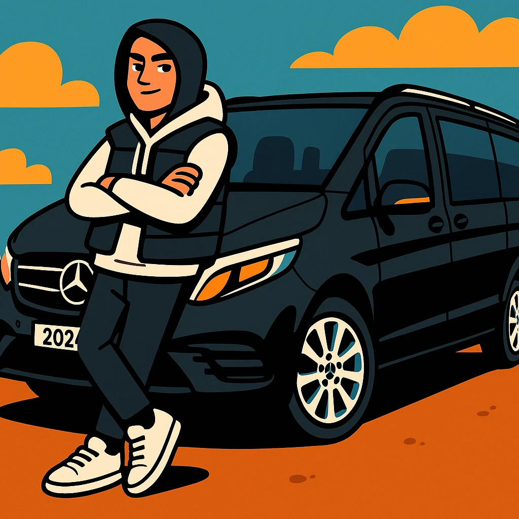 stylish male character in white sneakers, black pants, white hoodie, black vest, hood up, leaning on a black 2024 Mercedes-Benz V-Class Extra Long 300 d, vibrant toon style emoji