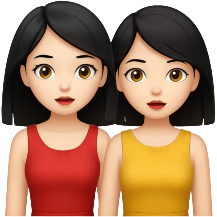 2 girls gossiping secretly. both are fair and have black hair. One has short hair and is tan, one has long hair and is fair. One is wearing yellow, one is wearing red emoji