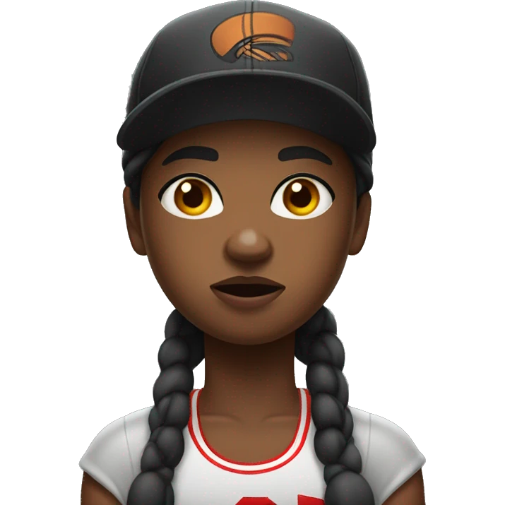 Heavy set masculine black girl with basketball shorts and cap and looks angry emoji