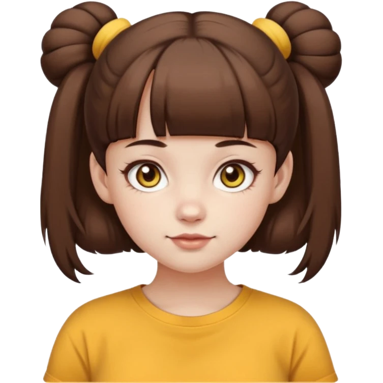 beautiful girl with brown hair with up twin buns style only, straight bangs, yellow eyes, milk brown tshirt, white skin, her body is a little fat  emoji