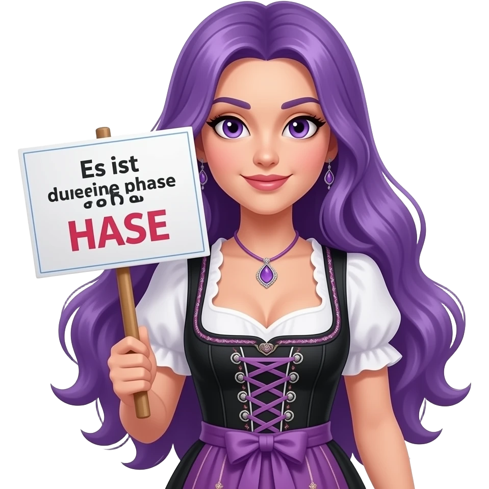 sexy girl with long purple hair and purple eyes wearing a dirndl holding a Es ist nur eine Phase HASE sign emoji
