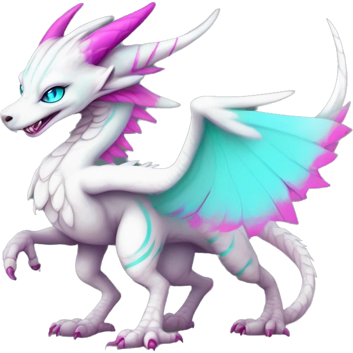 White elegant beautiful natural cute badass epic anthro modern albino Dutch Angel Dragon-vernid-Fakémon with cyan mane and magenta eyes with cyan edgy stripes, anthropomorphic, two-legged, digitigrade, full body emoji