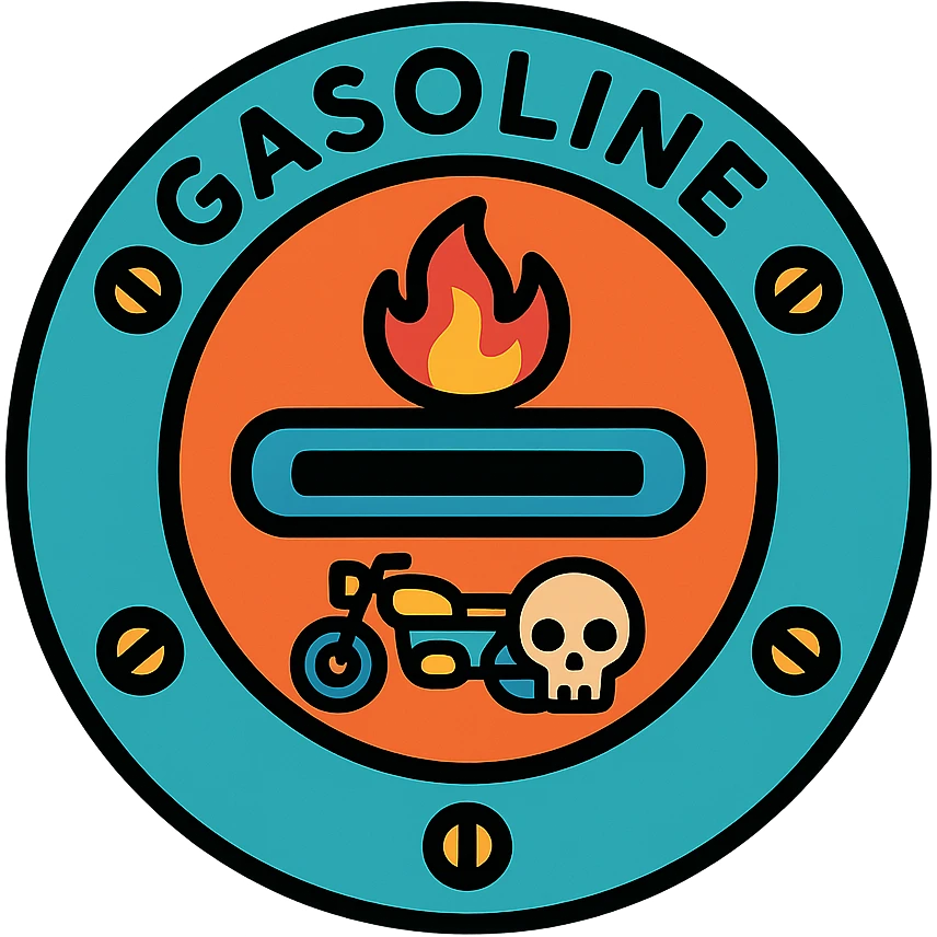 circular motorcycle gas cap design, transparent background, text 'GASOLINE', motif: flame, motorcycle, skull, dark style emoji