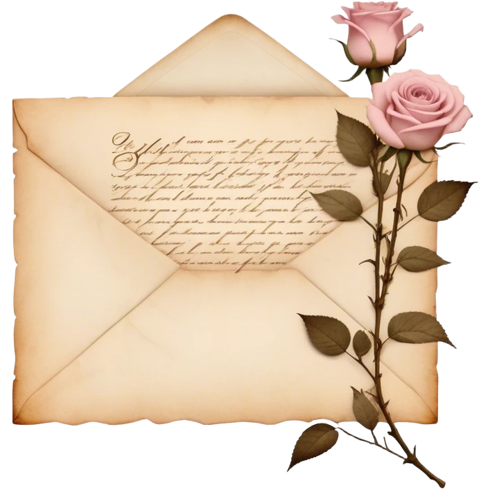 An antique handwritten letter with dried light pink roses and a golden wax seal, vintage aesthetic. emoji