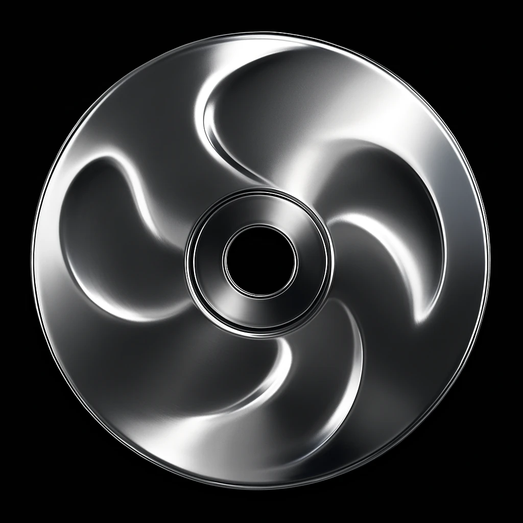 A minimalist CD disc with abstract pattern, glowing effect, pink color, chrome style, blue color emoji