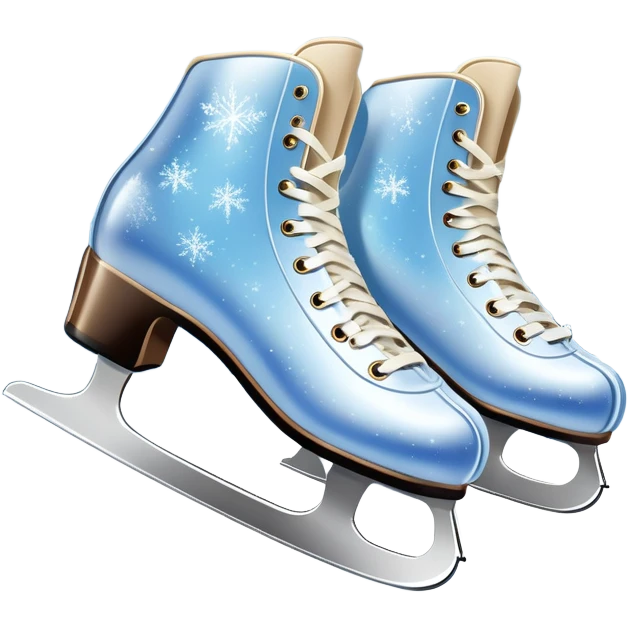 An icon showing In the background, twinkling lights, winter trees, and cheering spectators create a festive atmosphere. a pair of elegant ice skates gliding across a smooth, frozen rink with snowflakes in the air. Transparent background highlights the grace and charm of ice skating. emoji