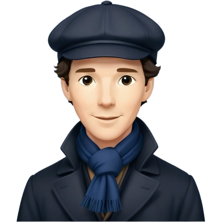sherlock holmes benedict cumberbatch smile, wearing a deerstalker hat, Long dark coat, Dark suits, dark Blue scarf emoji