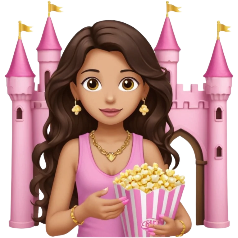 a woman with long dark brown  beachy wavy hair with light brown big eyes wearing pink vest top gold necklace baby pink nails and gold stud earrings with a pink castle fantasy in the background while eating popcorn  emoji