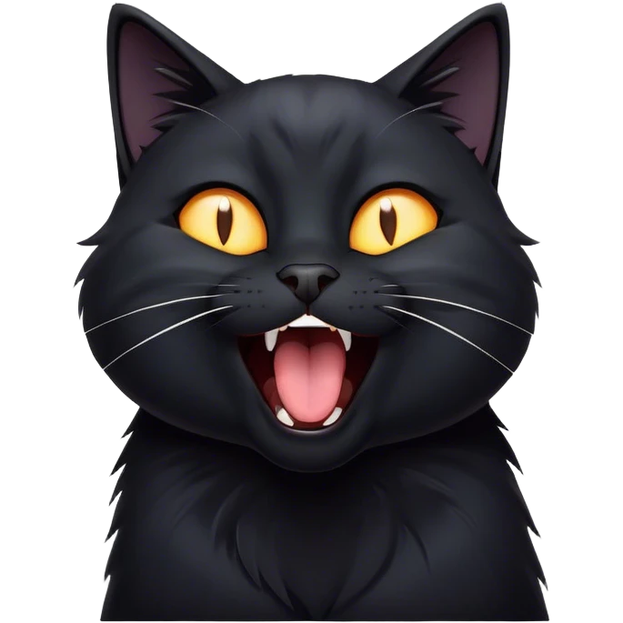 Cinematic Comical Black Cat Portrait Emoji, Head tilted dramatically while yawning exaggeratedly, sleek black fur with subtle hints of dark gray, Simplified yet hilariously adorable features, highly detailed, glowing with an almost sarcastic glow, high shine, a mix of lazy and curious, stylized with a touch of playful whimsy, bright and alert but with a comical expression, soft glowing outline, capturing the essence of a mischievous yet overly dramatic kitten, so funny it feels like it could leap off the screen and sassily demand attention! emoji