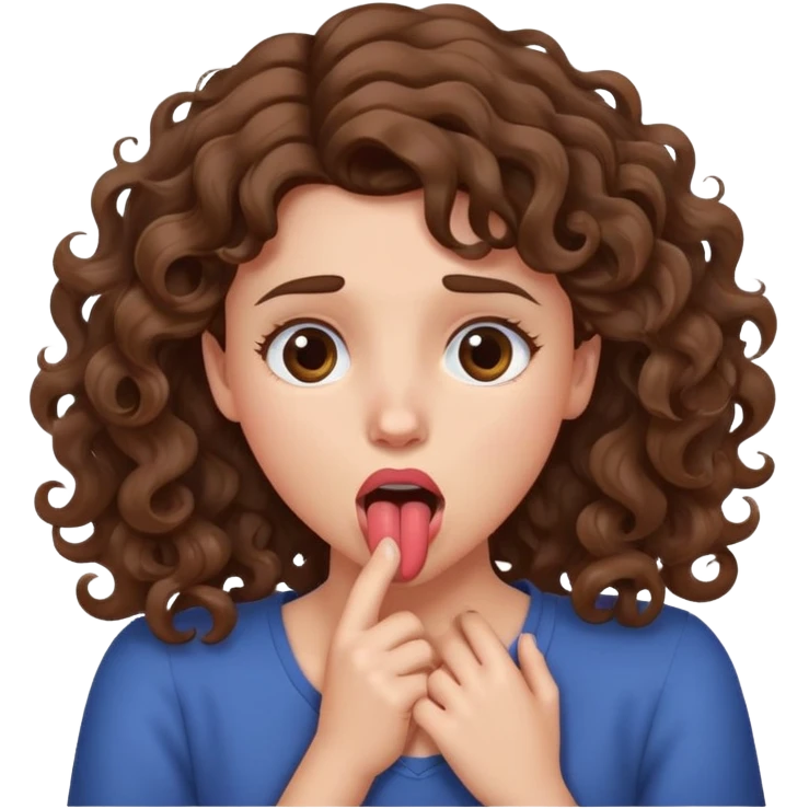 girl clutching her neck as she sticks out her tongue, she looks annoyed but amused. she has curly/wavy brown hair  emoji