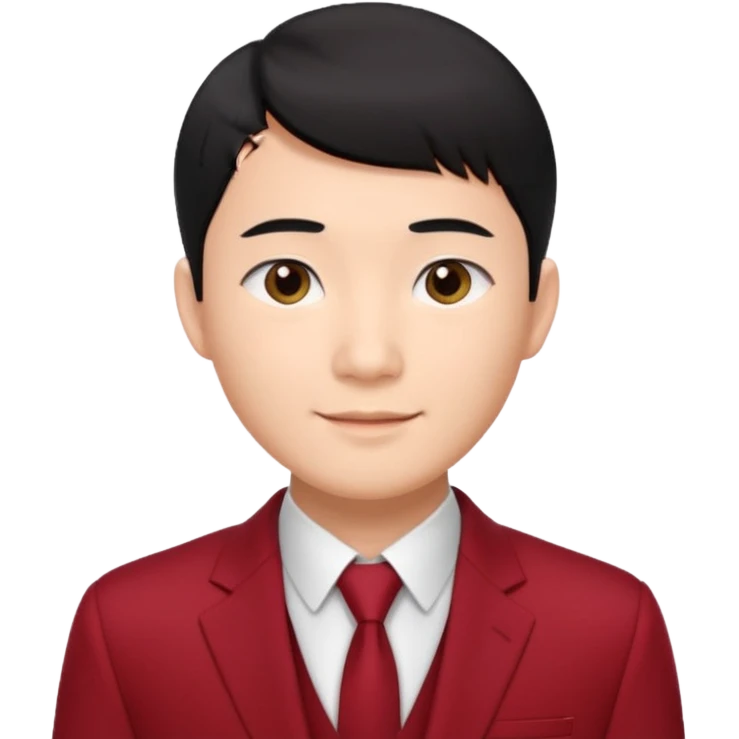 handsome Asian man emoji, short black hair with soft fringe, clean and elegant look, fair skin, gentle smile, wearing dark red suit and white shirt emoji