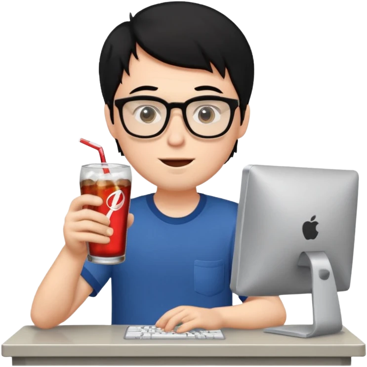 Hombre blanco con gafas, pelo negro tomando un refresco frente a un ordenador con ropa de sport emoji