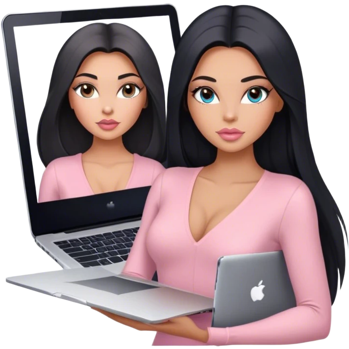 Glamours, tanned, very beautiful girl, with big pump peach-beige-rose lips, long lashes, black straight smooth silky long hair, straight parting hair, blue-grey eyes, in light-pink v-neck bodysuit holding MacBook emoji