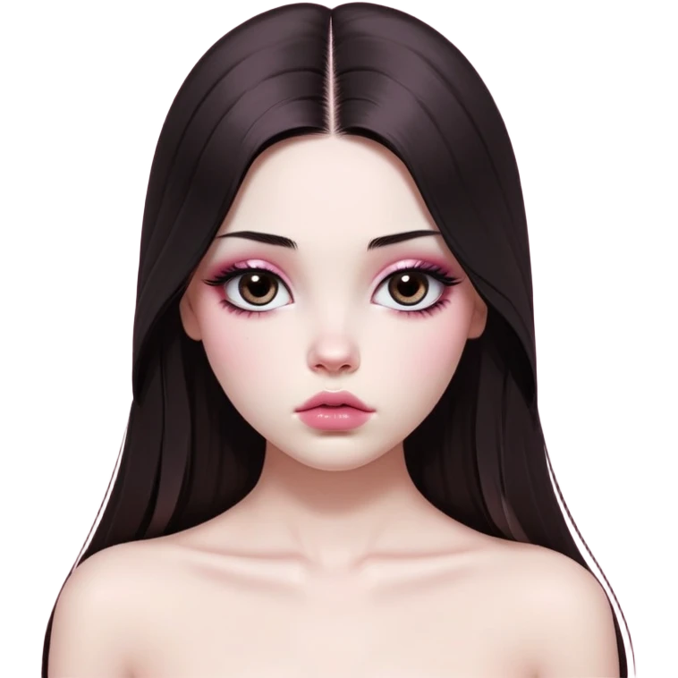 girl with white skin, dark brown long realistic straight hair with middle part prominently falling in front of her body over her shoulders, very big pouty extremely glossy ultra-shiny lips with absolutely no cupid's bow, big round eyes with very black shiny eyeballs and huge eyelashes, no eyeshadow, pink blush on cheeks, lighter button nose, extremely long oval-shaped face, wearing a pink off-shoulder top, looking directly at camera with hands down at sides emoji