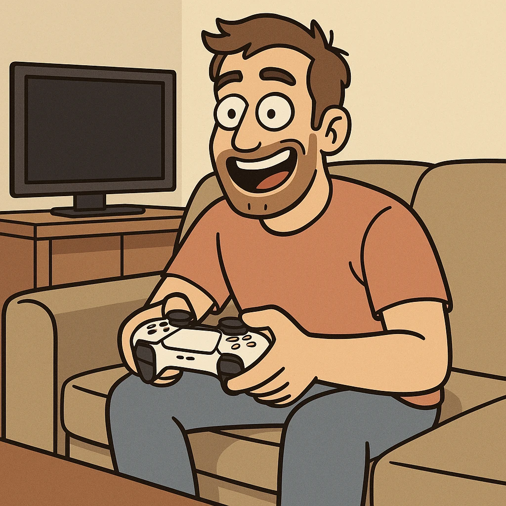 cartoon style man sitting on sofa playing PlayStation 5, smiling, gamepad in hands, TV in background emoji